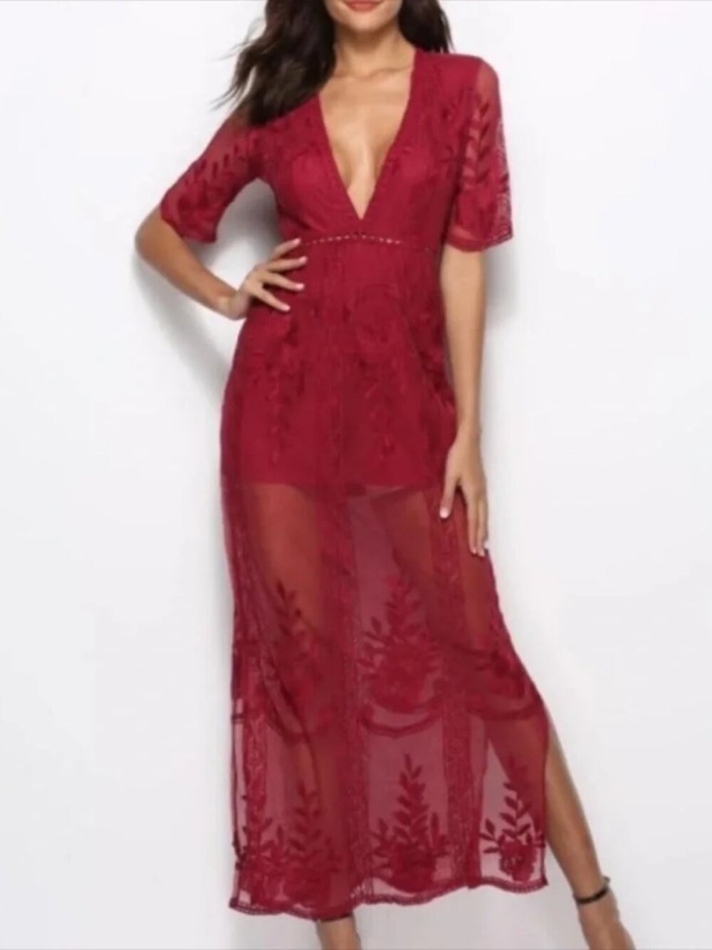Eleter Red Embroidered Lace Overlay Maxi Dress L